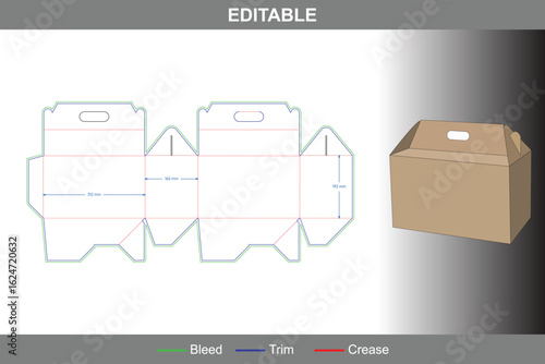 Custom polygonal side box dieline with handle and tuck-end flaps featuring folding and cutting layout for gable-style packaging and vector template design