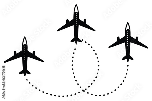 Three airplanes flying in formation with dotted flight paths