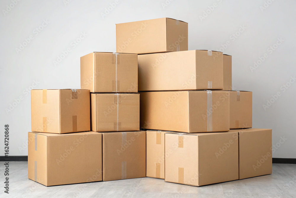 Stack of Brown boxes with tape against a white wall. Perfect for moving service ads, shipping posters, or logistics branding. Stack of Brown boxes with tape against a white wall. Perfect for moving service ads, shipping posters, or logistics branding.