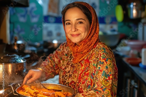 Woman in Colorful Traditional Clothing Preparing Delicious Home-Cooked Meal in Cozy Kitchen with Warm Lighting and Joyful Expression