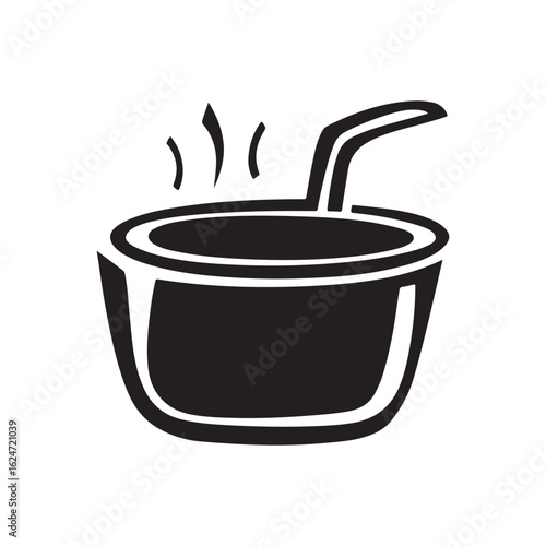Hot Steaming Deep Fryer with Food and Ladle Silhouette Icon Design