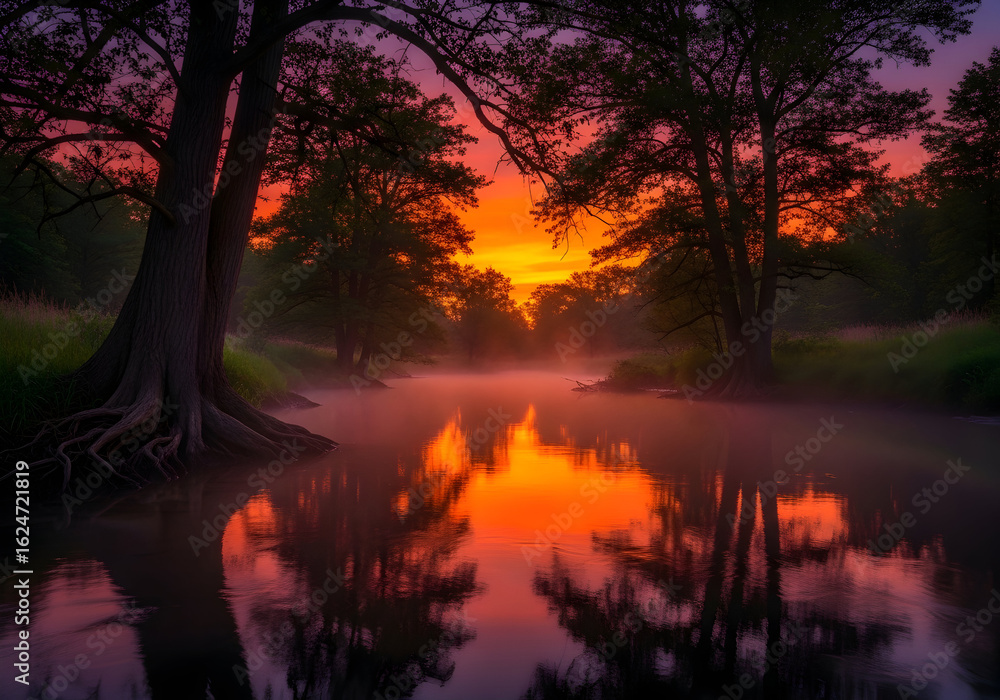 Obraz premium Serene Sunset over Tranquil River with Reflective Water and Silhouetted Trees in a Natural Landscape