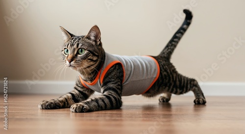 A tabby cat in plank pose, front paws stretched out, focused eyes, wearing a small workout tank top, plain background