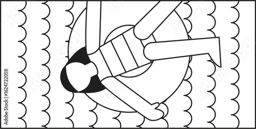 Coloring Book Person relaxing in a tube floating in the water with gentle waves, a summer scene for leisure time