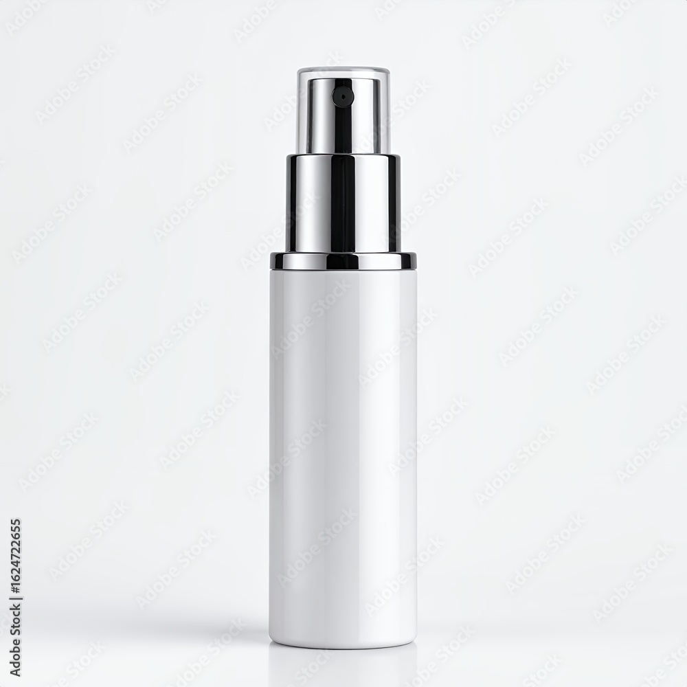 Elegant white cosmetic bottle with silver accents for lotion, serum, or cream on white background Elegant white cosmetic bottle with silver accents for lotion, serum, or cream on white background