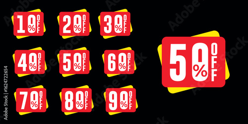 Promotion hold tag. Special offer discount on red tags shapes with different value percent off 90, 80, 70, 60, 50, 40, 30, 20, and 10%.	