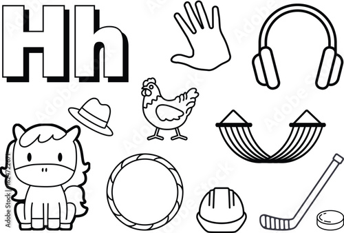 Coloring Book Black and white alphabet learning illustration featuring H with horse, hand, hat, hen, helmet and hammock