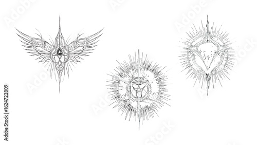 White line art on black displays cybersigilism tattoo designs with rough texture for branding and digital art.