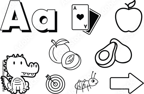 Coloring Book Educational illustration featuring objects corresponding to the letter A for early learning and alphabet practice