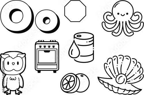 Coloring Book Vector illustration featuring an owl, donuts, octopus, barrel, octagon, oven, oranges, and shell elements