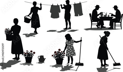 Family daily chores, children watering plants, parents hanging clothes, women sweeping, outdoor home activity, gardening scene, teamwork, rural lifestyle, flowers