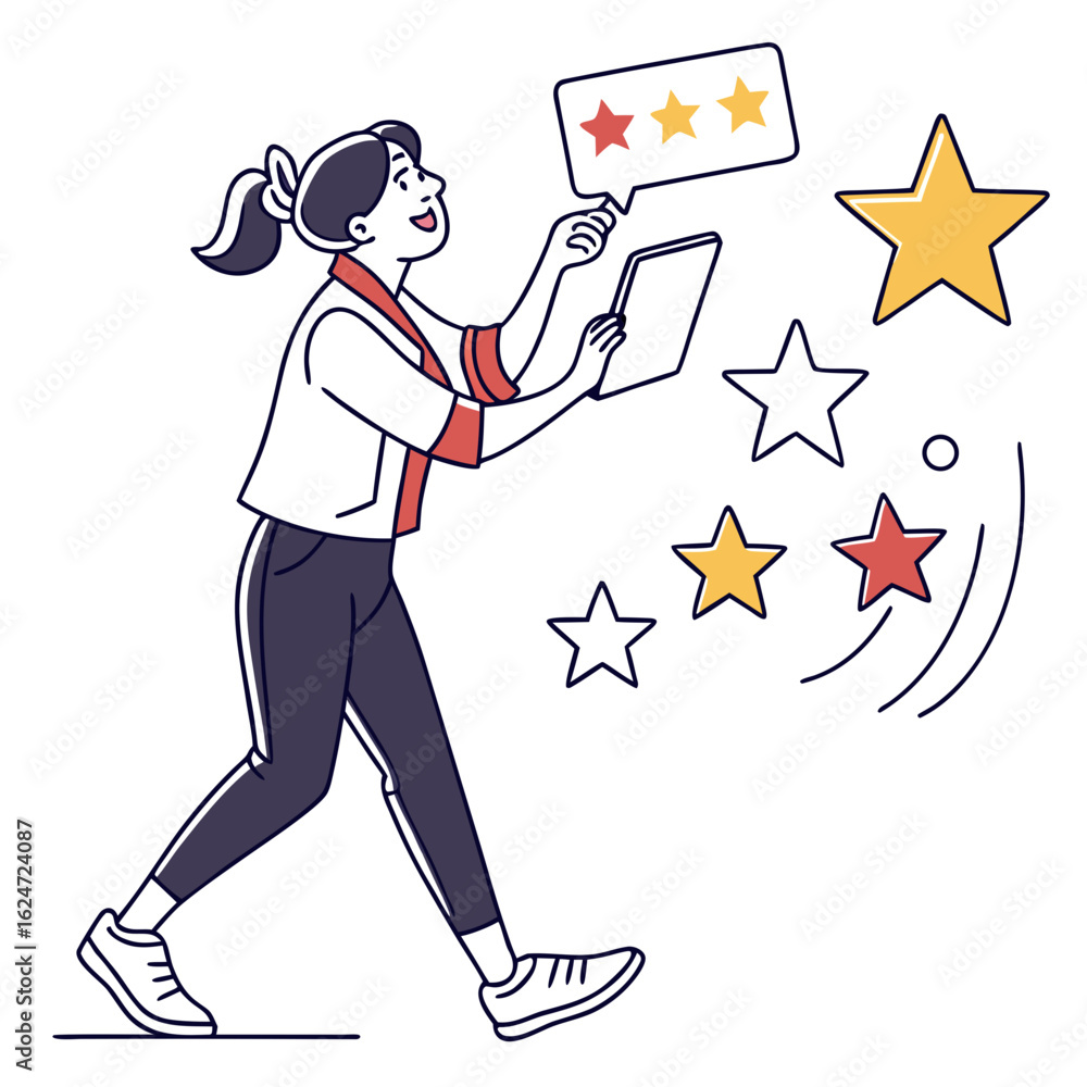 Fototapeta premium Woman giving a three star rating on a tablet isolated on transparent background