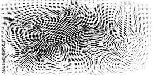 Flowing dots particles wave pattern 3D curve halftone black gradient curve shape isolated on white background. Vector in concept of technology, science, music, modern