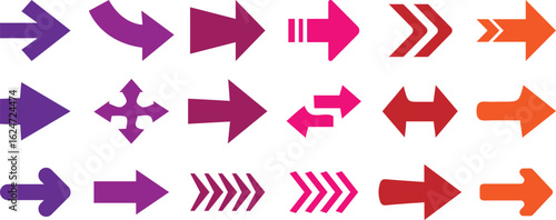 Colorful arrows set . Arrow cursor vector icon. Bullet points arrow collection. Blue, orange, green, yellow colors. Vector design element. Vector illustration.