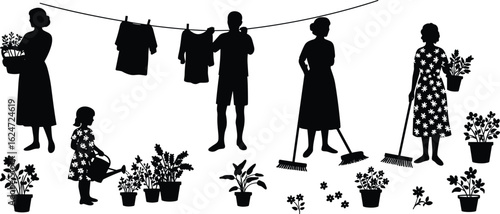 Family gardening scene, outdoor chores, plant care, teamwork, household cleaning, hanging laundry, sustainable lifestyle, rural family, flower pots, nature activity