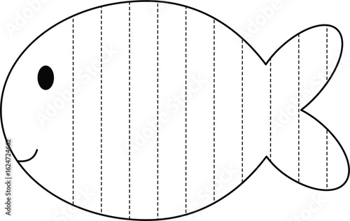 Coloring Book Cute fish outline with dashed lines for cutting practice activity for kids learning skills and development