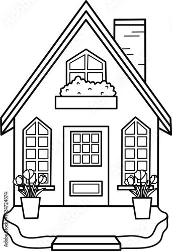Coloring Book Charming house illustration with tulips, window box, and chimney in black and white outline style