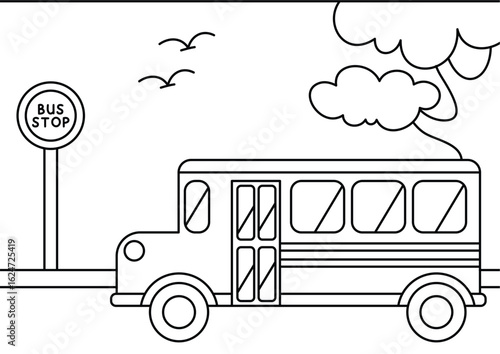 Coloring Book School bus at bus stop with clouds and birds in black and white line art illustration for coloring book