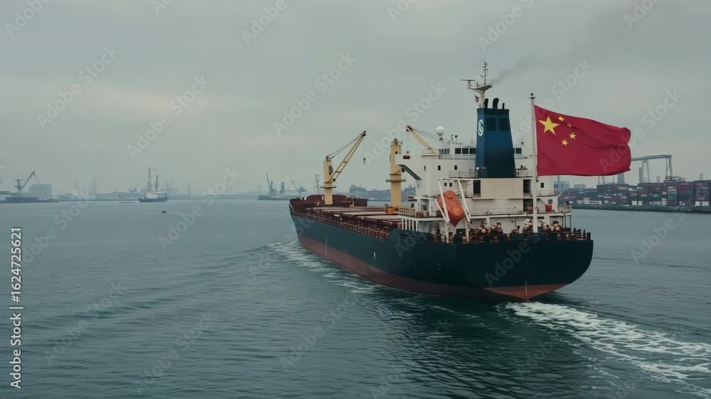 Chinese Cargo Ship Loaded with Containers Sailing on Open Sea