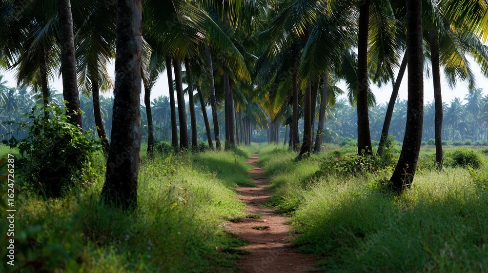 A serene dirt path winds through a lush tropical palm grove, bathed in soft sunlight and framed by towering trees. A serene dirt path winds through a lush tropical palm grove, bathed in soft sunlight and framed by towering trees.
