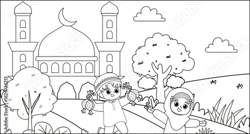 Coloring Book Illustration of Muslim children celebrating Eid al-Fitr in front of a mosque with ketupat and clouds