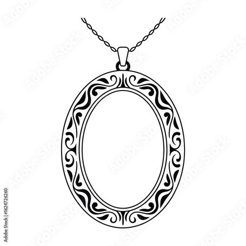 Ornate oval pendant necklace with scrollwork design