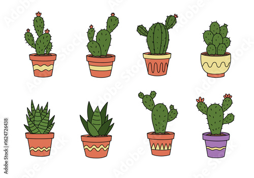A Charming Collection of Various Potted Cacti and Succulents Displayed Against a White Background Perfect for Decorative Purposes