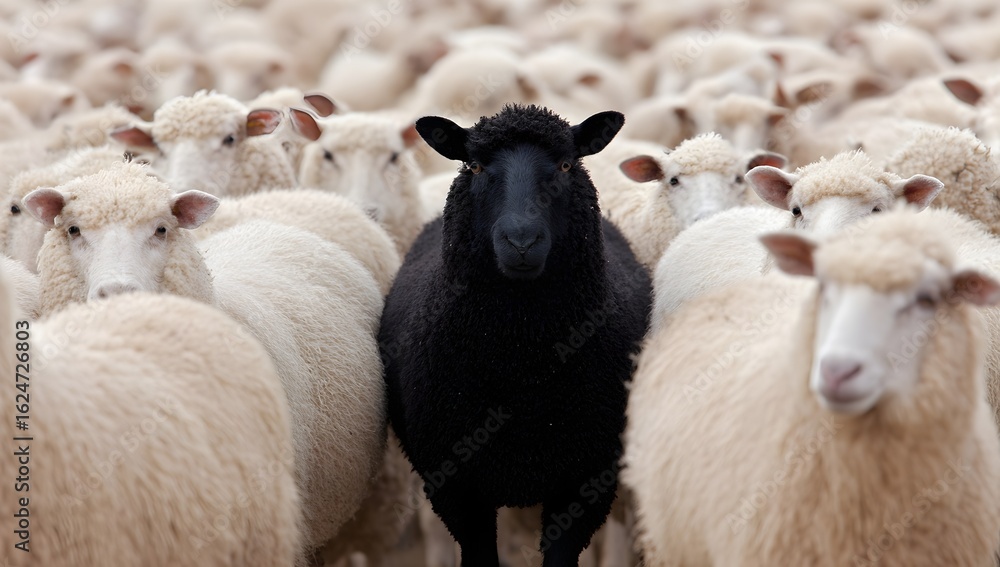 Fototapeta premium A single black sheep stands in sharp contrast among a flock of white sheep, symbolizing individuality, difference, and uniqueness. Captured in a natural rural setting.