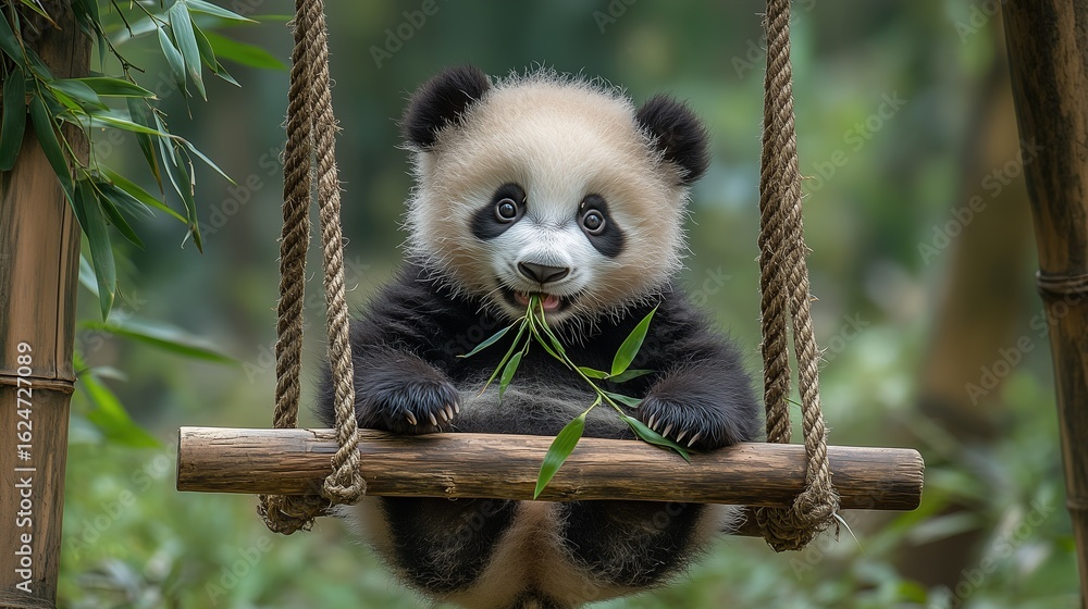 Fototapeta premium Baby Panda on Wooden Swing Eating Bamboo Leaves, Black and White Fur Cub in Forest Habitat, China Countryside Wildlife Scene
