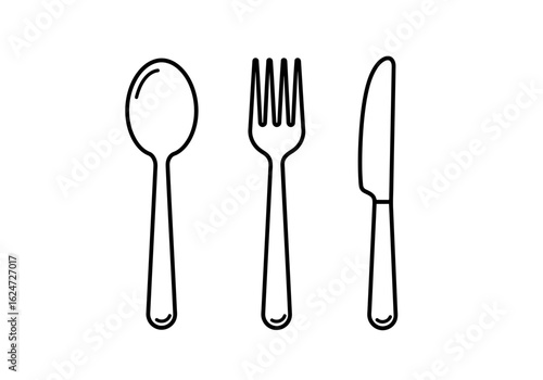 Classic Outline Icons of Essential Cutlery Including a Spoon Fork and Knife Showing a Simple and Clean Design for Dining Tableware and Food Presentation Graphics