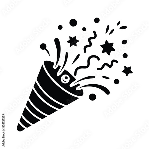 Black and white icon of a party popper exploding with confetti and streamers