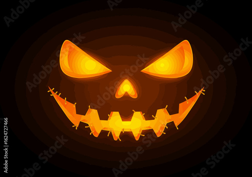 Spooky Jack O Lantern Face Glowing with an Evil Grin on a Dark Halloween Night Ready for Trick or Treaters to Appear