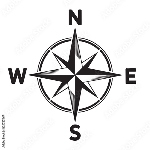Black and white graphic illustration of a compass rose with cardinal directions navigation north