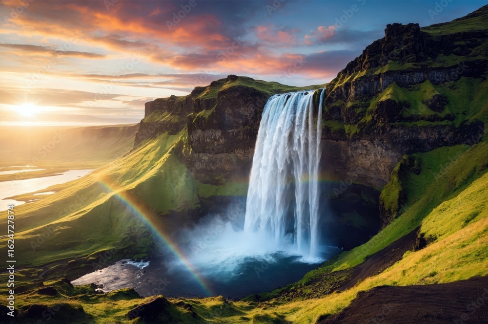 Fototapeta premium Majestic waterfall cascades down cliffs at sunrise with a vibrant rainbow in the lush landscape