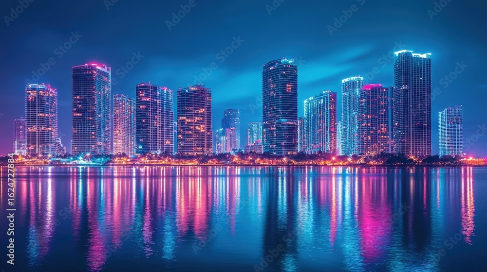 Fototapeta premium Vibrant city skyline at night reflecting on water