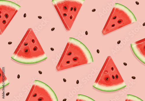 A delightful pattern of juicy red watermelon slices with scattered dark seeds on a soft pink background evoking a sweet summer feeling