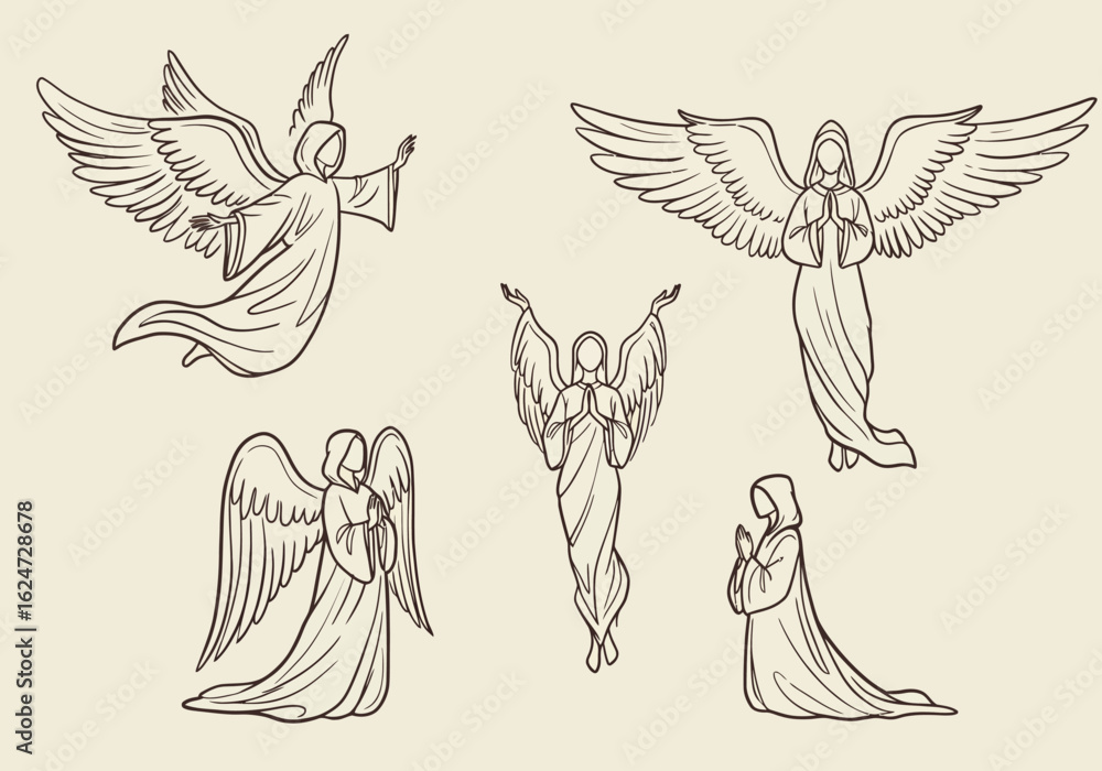 Fototapeta premium Collection of Five Serene Angelic Figures Depicted in a Classic Sketch Style with Detailed Wings and Flowing Robes Evoking a Sense of Divine Grace and Heavenly Presence