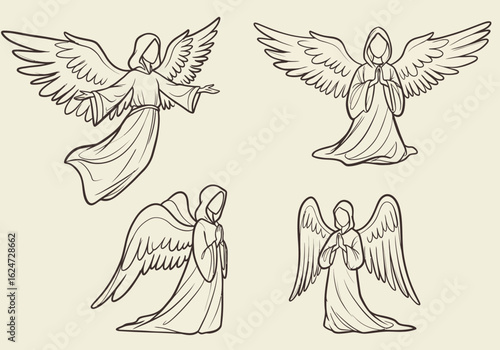 A Collection of Hand Drawn Angel Illustrations Featuring Elegant Poses and Detailed Wings Perfect for Religious or Decorative Designs