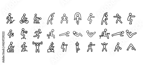 set of Bodyweight fitness icon. Thin line editable stroke icons for workouts, strength training, stretching, cardio routines, home exercises, core training, and functional movement