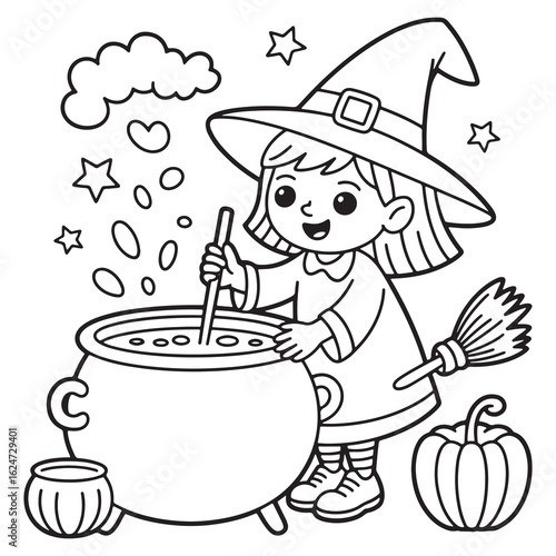 Cute Halloween Witch Stirring a Cauldron Under the Night Sky – Wholesome Line Art Illustration for Coloring Books