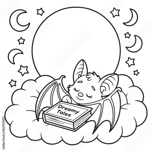 Cute Bat Sleeping on Cloud Coloring Page – Cartoon Halloween Bat with Pillow and Book Under Moon – Adorable Spooky Scene for Kids

