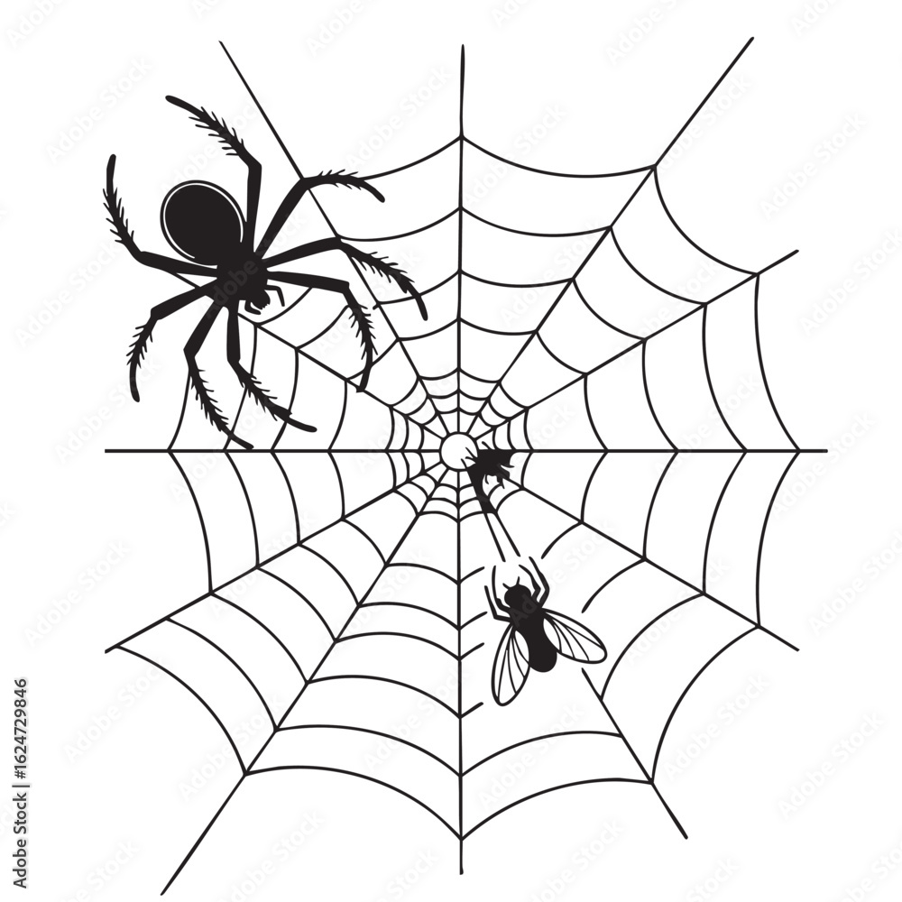 Fototapeta premium Black and white illustration of a spider and fly on a spiderweb insect