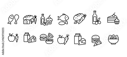 set of Food nutrition icon . Thin line editable stroke icons for healthy eating, food categories, diet balance, ingredients, meals, fresh produce, and nutrition
