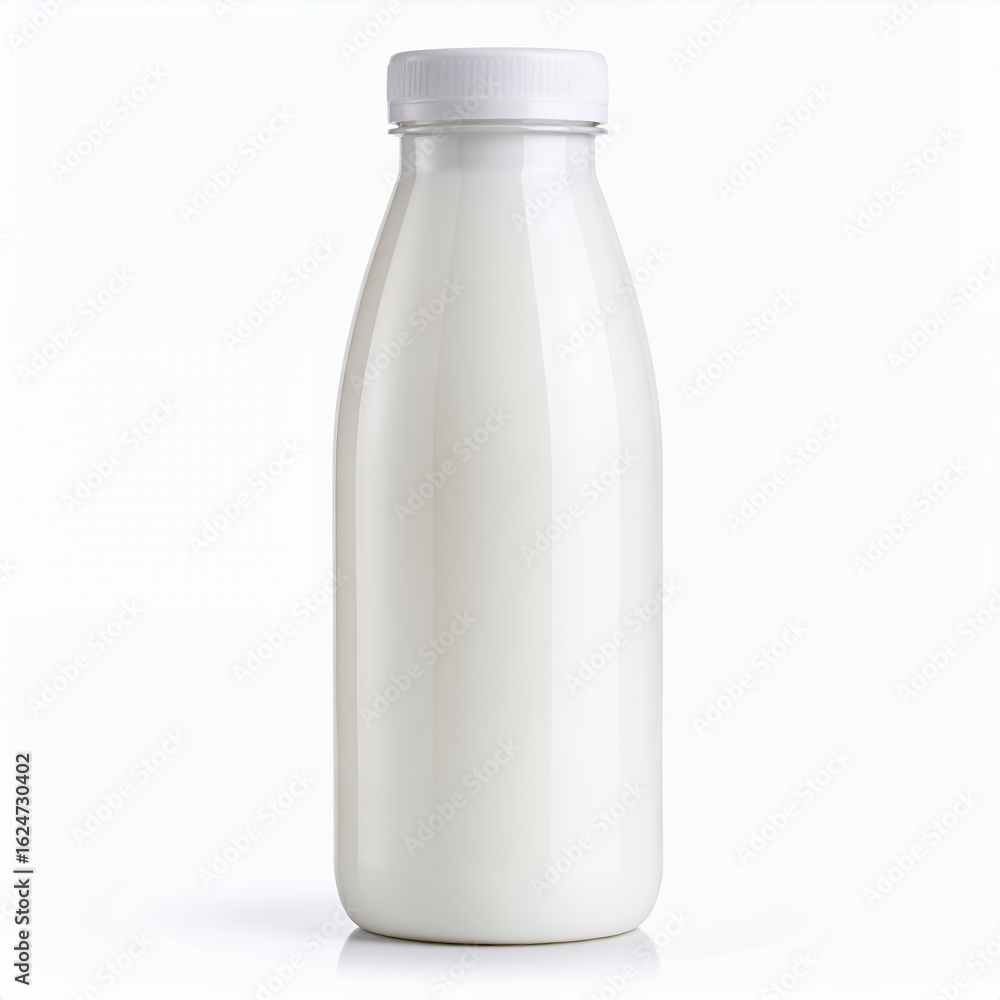 A bottle filled with fresh, creamy milk showcased in a studio setting on white background A bottle filled with fresh, creamy milk showcased in a studio setting on white background