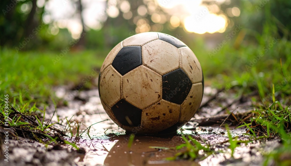Fototapeta premium An ultra-realistic, cinematic still life of a single, generic soccer ball covered in mud, resting on a patch of worn, grassy pitch after a hard-fought game 