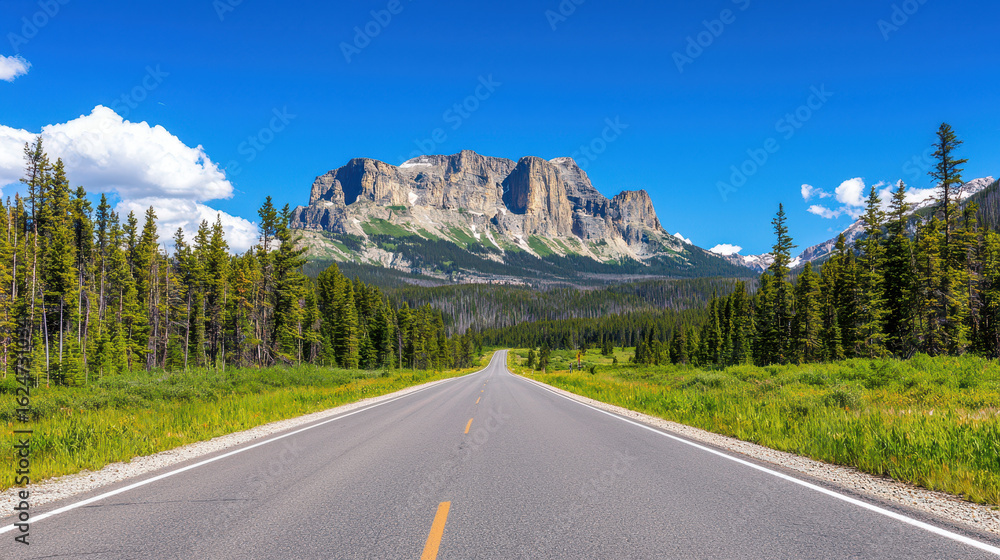 Fototapeta premium Scenic road leading to majestic mountain, surrounded by lush greenery and clear blue sky, evokes sense of adventure