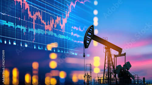Vibrant oil rig silhouette against backdrop of financial charts symbolizes energy investment and market trends