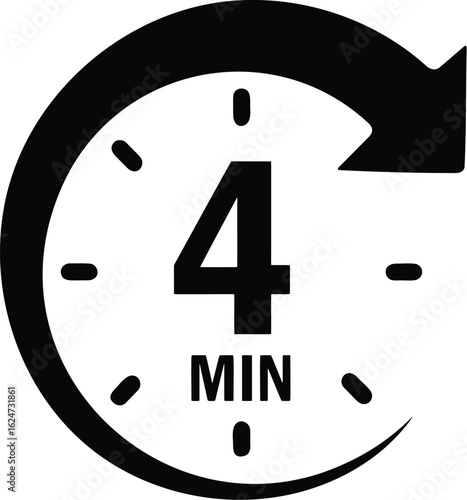 Four minutes countdown timer with arrow, black clock icon for cooking or baking time indicator symbol