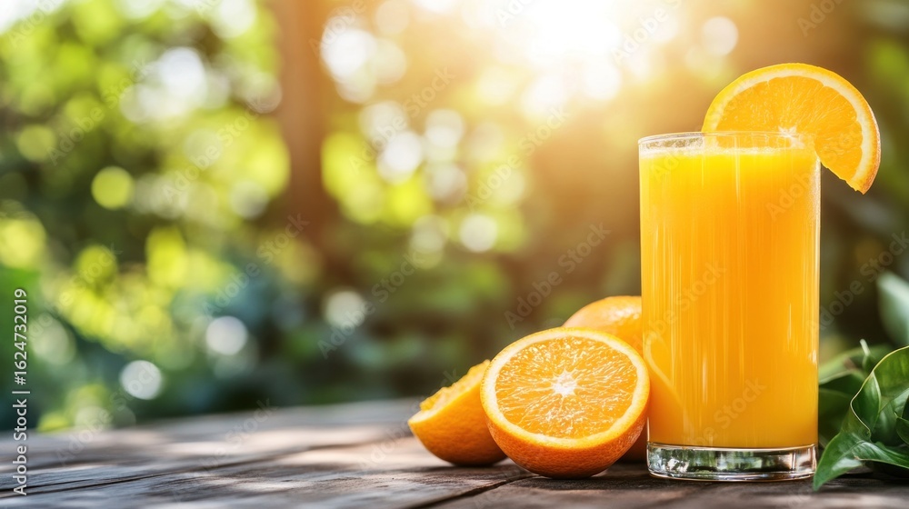 Naklejka premium Fresh orange juice in a glass, surrounded by oranges and green foliage outdoors, bathed in sunlight