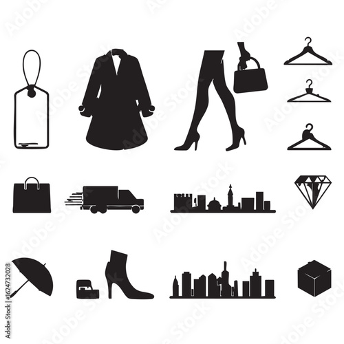 Black and white silhouette icons of fashion shopping and city life urban lifestyle